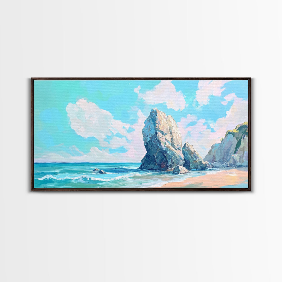 Coastal Rock Formations, beach painting, framed canvas print, coastal wall art, nautical decor, seascape painting, extra wide art