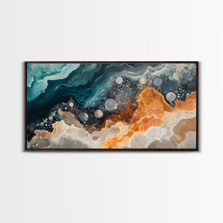 Abstract Coastal Geology, framed canvas print, extra wide art, mosaic wall art, ocean decor, oyster painting, coastal decor