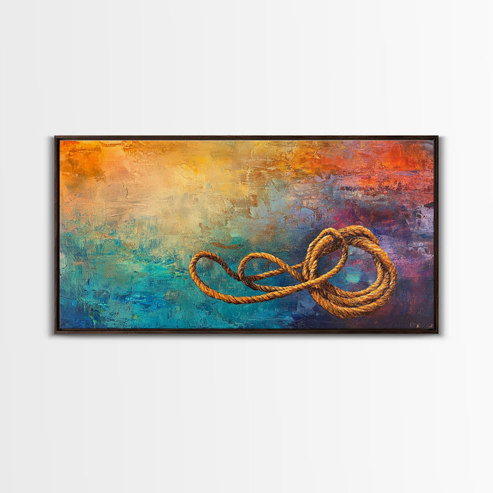 Abstract Rope, warm tones, infinity knot, rustic decor, textured art, extra wide art, Framed Canvas Print, nautical painting