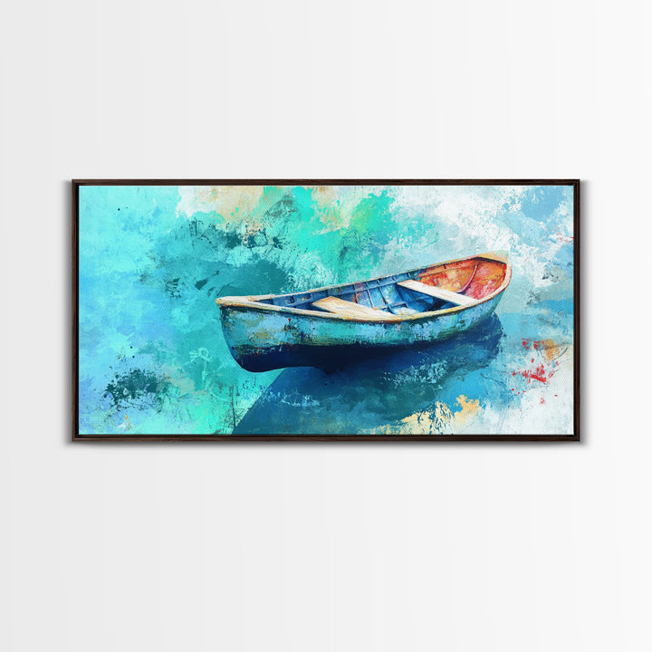 Floating Boat, teal watercolor, impressionist seascape, peaceful ocean, nautical painting, Canvas Print, coastal decor, rustic art