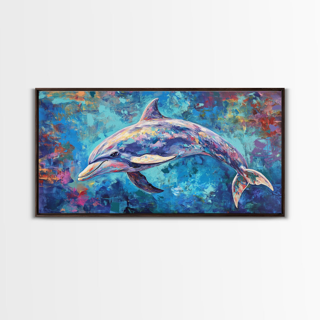 Dolphin Painting, blue and green wall art, coastal decor, nautical painting, framed canvas print, whimsical art, ocean wall art