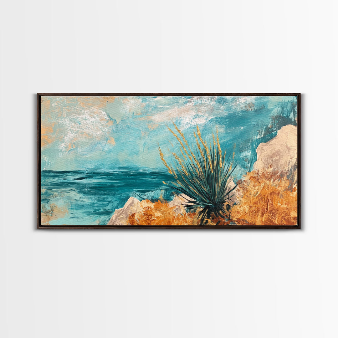 Coastal Desert Painting, agave painting, southwest wall art, Joshua tree art, coastal landscape art, Framed Canvas Print