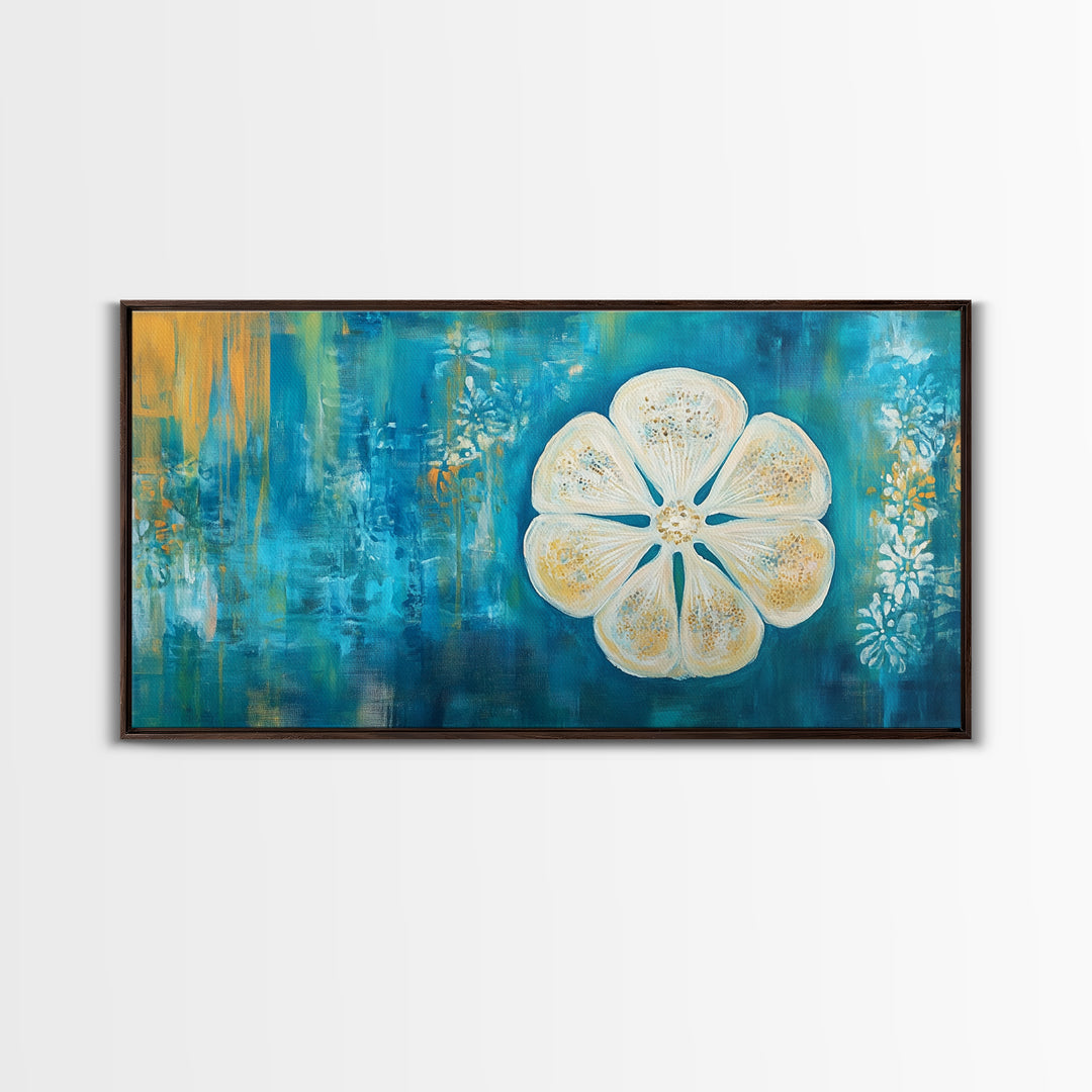 Abstract Floral, Botanical Prints, Coastal Landscape Art, Wabi Sabi Art, Framed Canvas Print, Extra Wide Art, Blue and Gold Wall Art