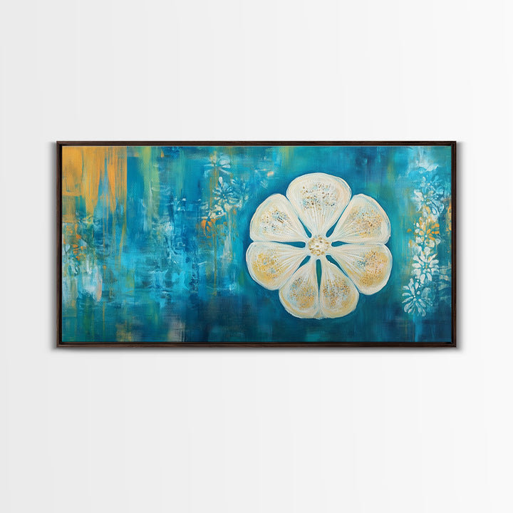 Abstract Floral, Botanical Prints, Coastal Landscape Art, Wabi Sabi Art, Framed Canvas Print, Extra Wide Art, Blue and Gold Wall Art
