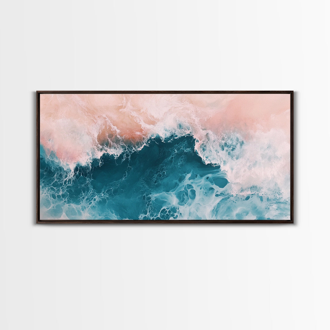 Abstract Ocean, Coastal Landscape Art, Nautical Wall Art, Framed Canvas Print, Teal and Pink Art, Surf Inspired Artwork