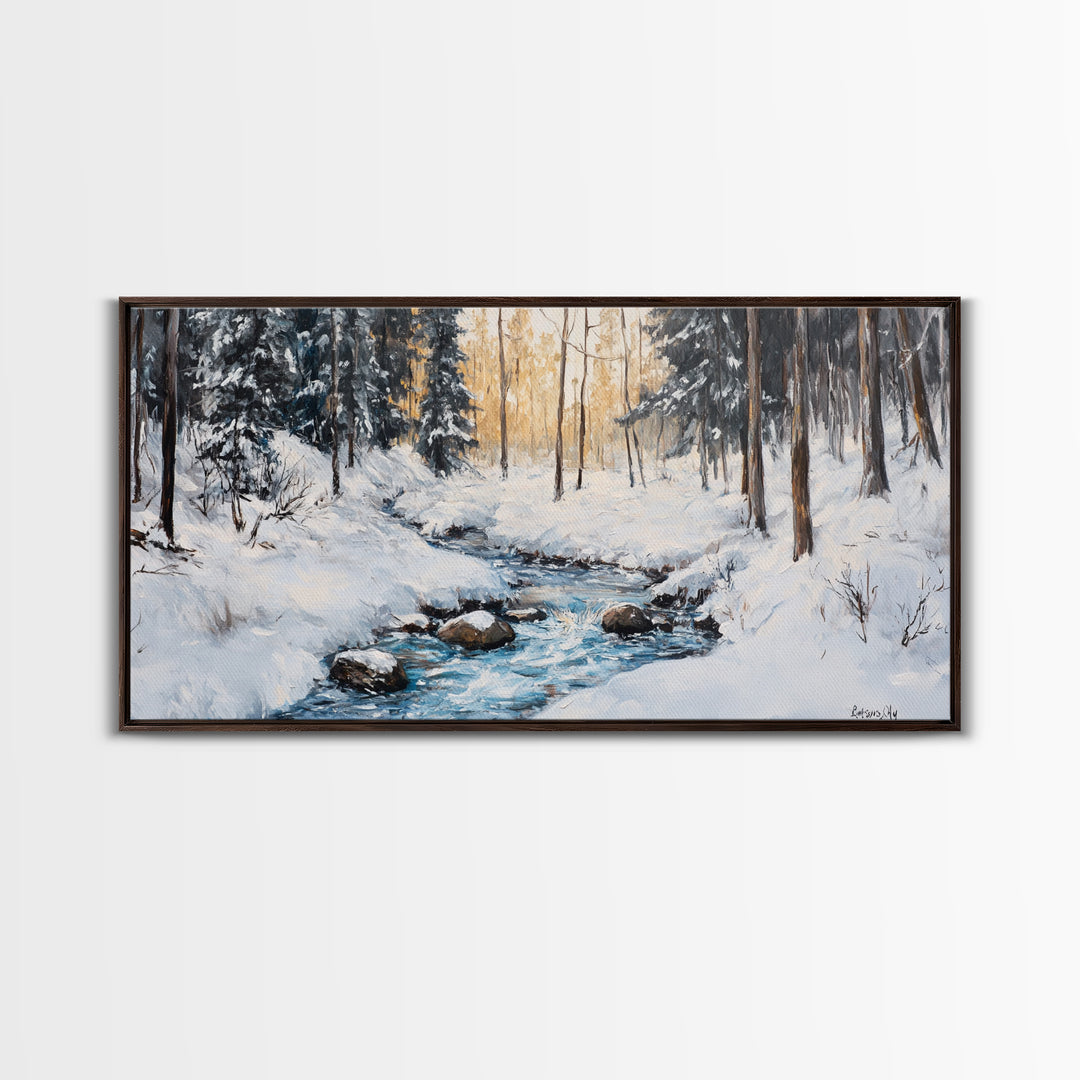Birch Tree Painting, Snowy River Art, Winter Landscape, Framed Canvas Print, Farmhouse Art, Wabi Sabi Art, Tall Narrow Art