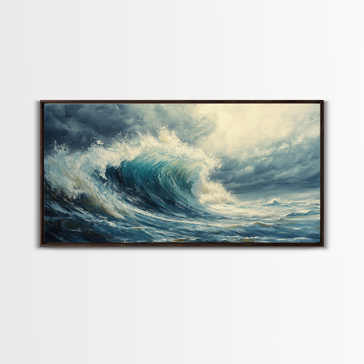 Ocean Wave, Stormy Sea, Coastal Art, Seascape Painting, Nautical Decor, Extra Wide Art, Framed Canvas Print, Living Room Art