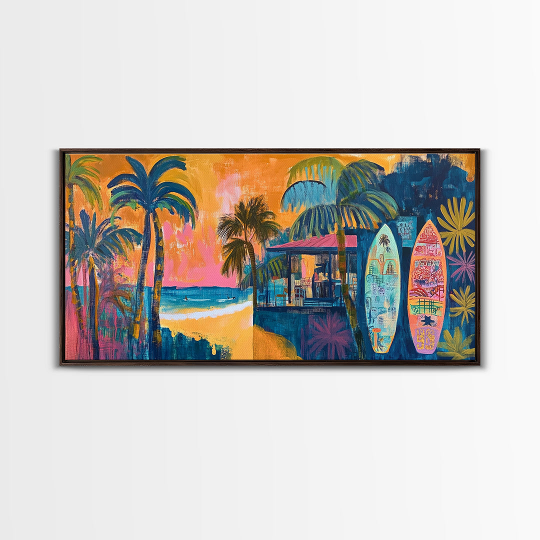 Beach Bar, palm tree painting, surf wall art, coastal decor, nautical wall art, tropical art, above couch art, Canvas Print