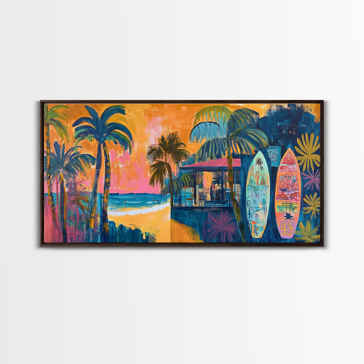 Beach Bar, palm tree painting, surf wall art, coastal decor, nautical wall art, tropical art, above couch art, Canvas Print