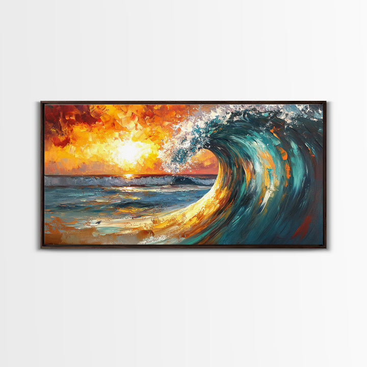 Ocean wave, sunset surf, seascape painting, framed canvas print, surf wall art, nautical painting, coastal decor