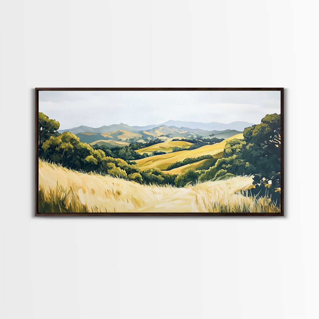 Rolling hills, countryside landscape, panoramic art, framed canvas print, rustic wall art, farmhouse art, sage green wall art