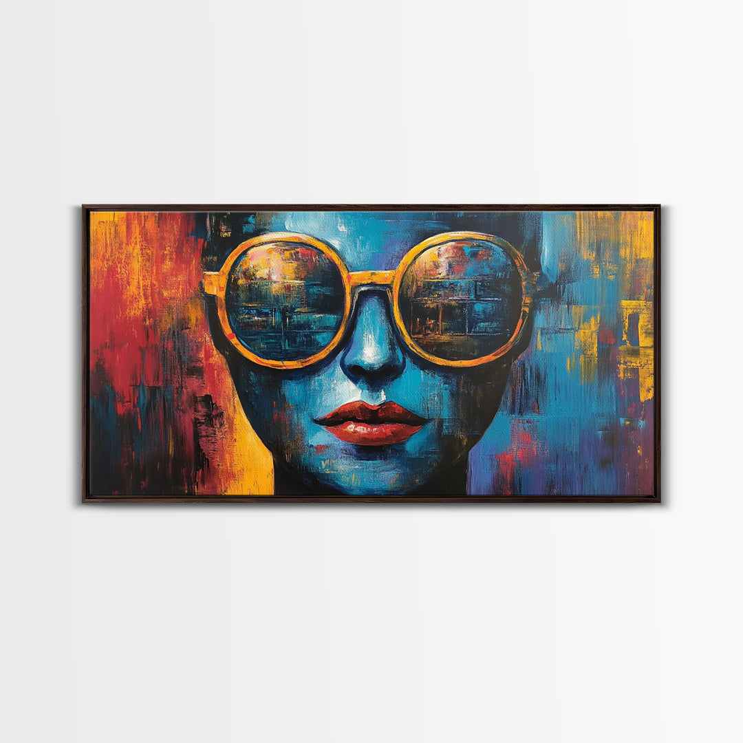 Bold Sunglasses Portrait, graffiti wall art, moody art, chicano art, abstract portrait, pop art decor, gift idea her, Canvas Print