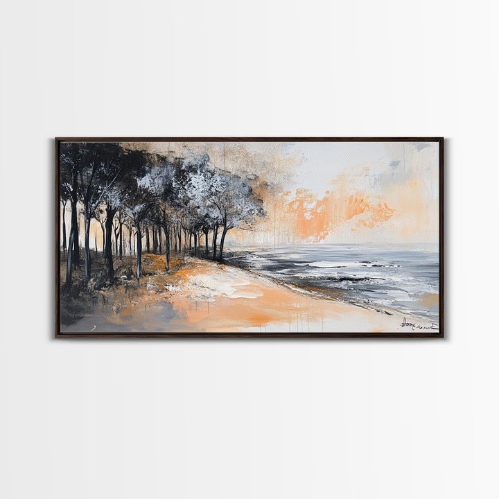 Coastal Landscape, Framed Canvas Print, beach painting, ocean wall art, panoramic painting, extra wide art, above sofa art
