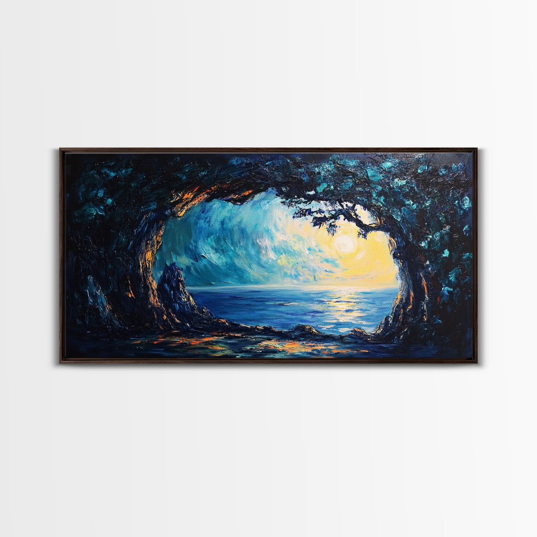 Ocean Cave, Framed Canvas Print, nautical wall art, coastal painting, extra wide painting, seascape painting, panoramic wall art