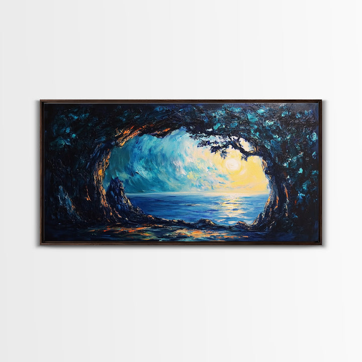 Ocean Cave, Framed Canvas Print, nautical wall art, coastal painting, extra wide painting, seascape painting, panoramic wall art