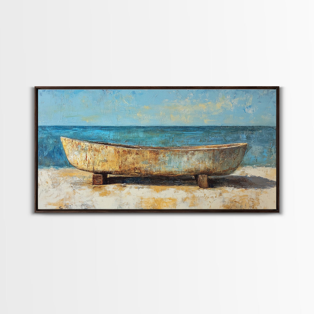 Rustic Boat, Framed Canvas Print, coastal wall art, nautical decor, rustic art, extra wide painting, panoramic painting