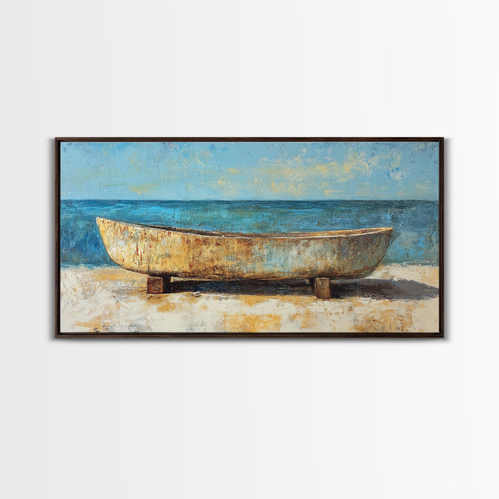 Rustic Boat, Framed Canvas Print, coastal wall art, nautical decor, rustic art, extra wide painting, panoramic painting