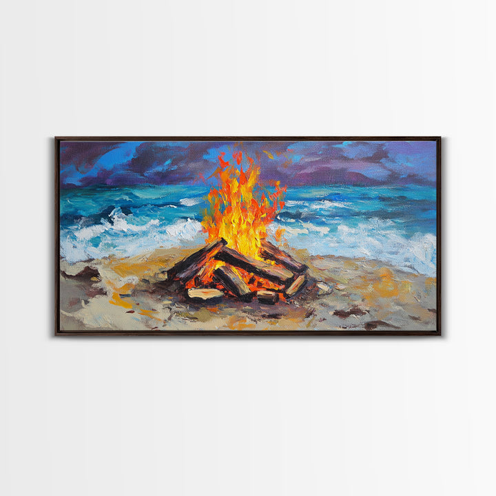 Beach bonfire, coastal decor, surf wall art, nautical painting, ocean fire, rustic wall art, horizontal wall art, canvas print, seascape