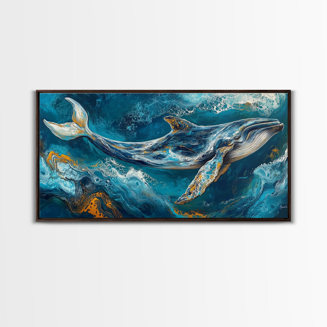 Blue whale, ocean waves, Canvas Print, whale painting, nautical decor, coastal wall art, seascape painting, extra wide art