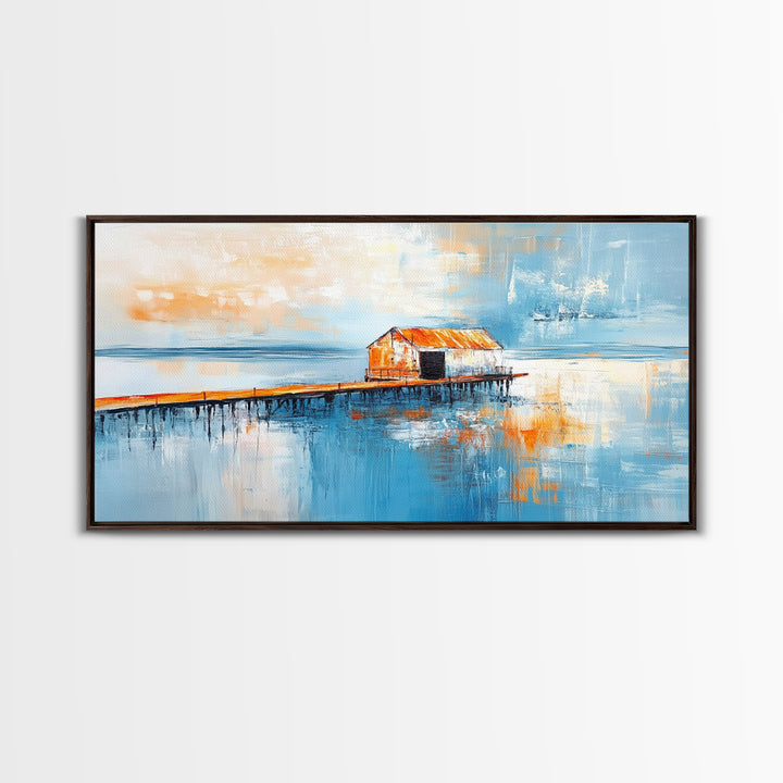 Dock, rustic barn, reflection, Canvas Print, barn landscape oil painting, coastal decor, nautical painting, panoramic art
