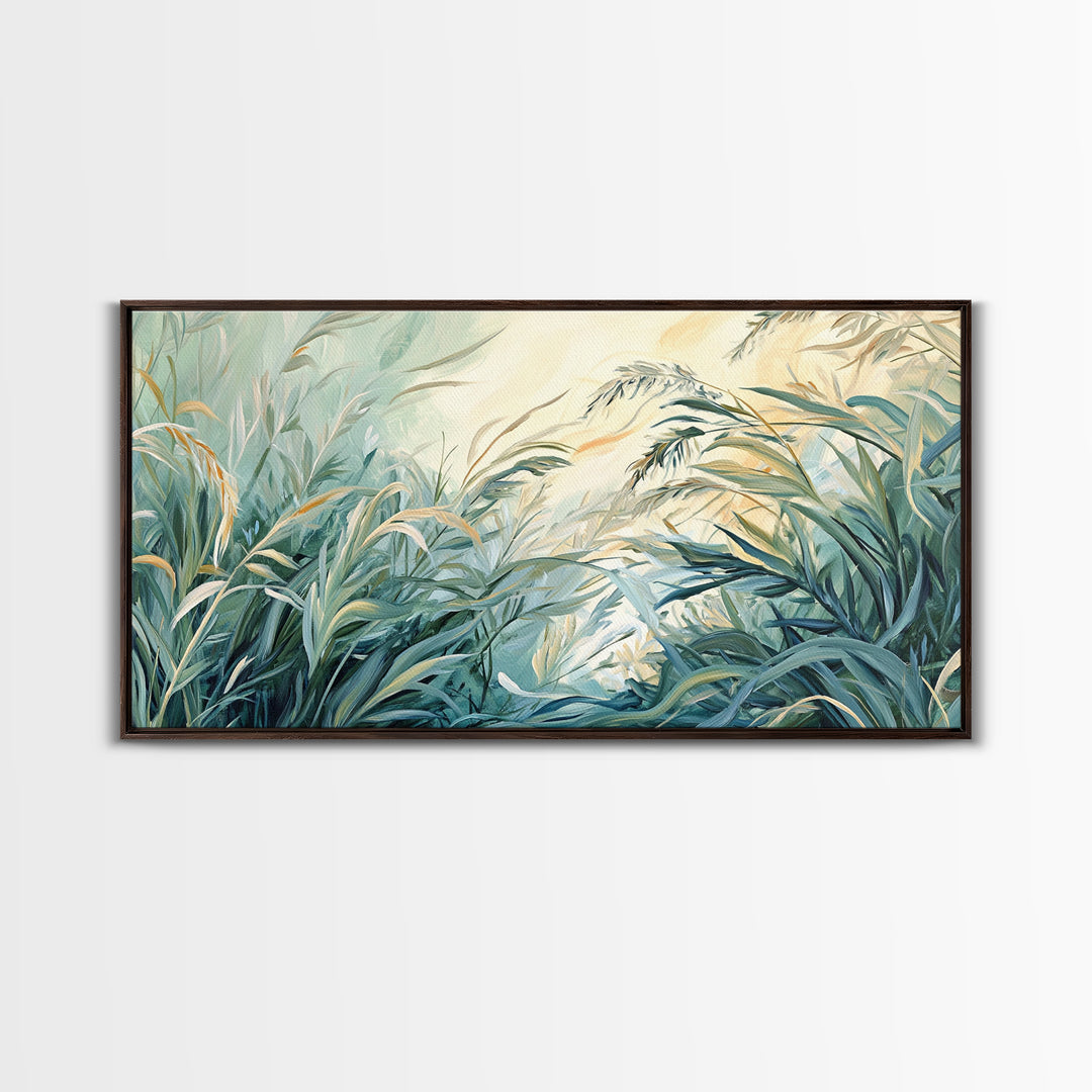 Green grass, warm light, Canvas Print, wabi sabi wall art, sage green wall art, botanical prints, extra wide art, minimalist art