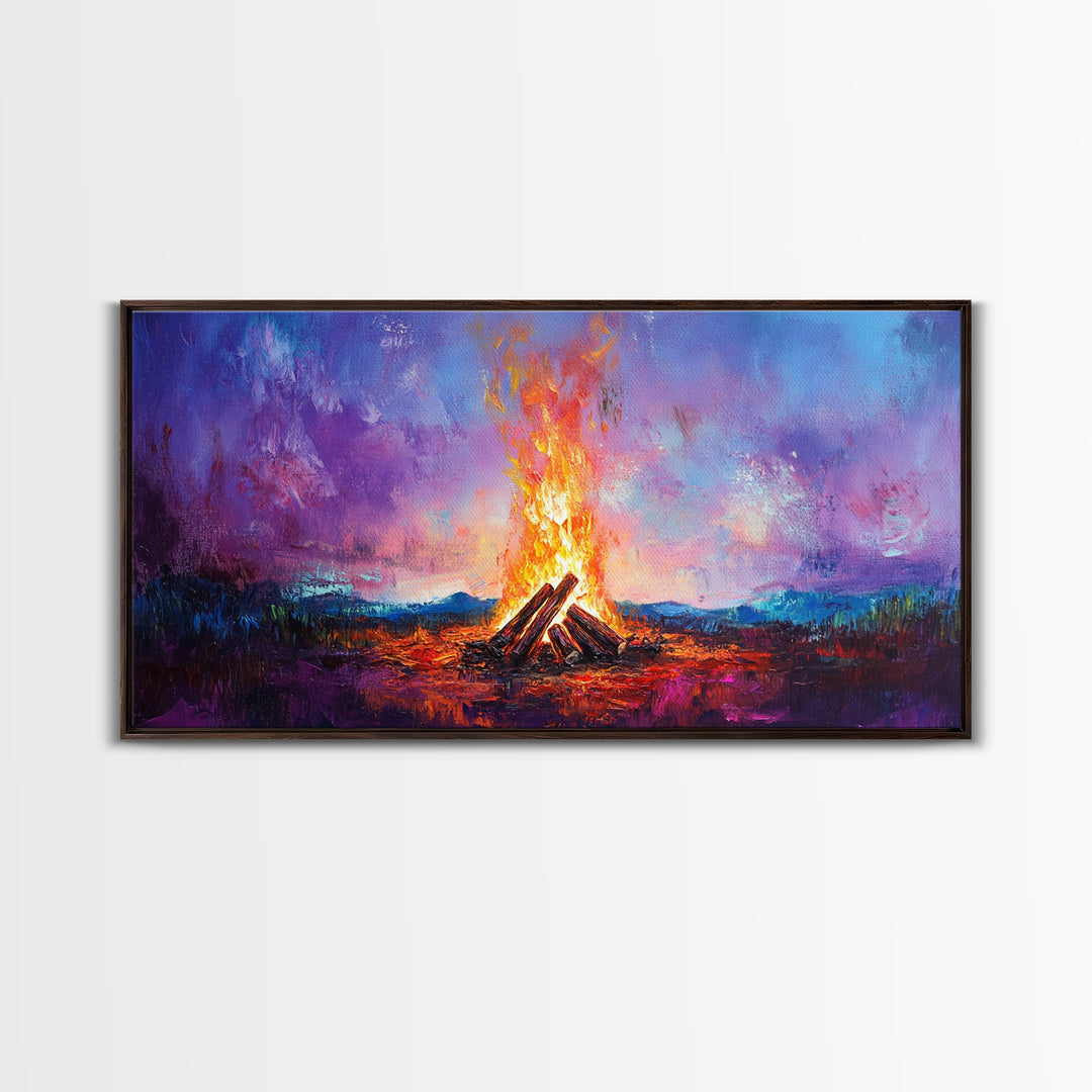 Campfire painting, rustic decor, boho art, mountain painting, cozy fire, scenic landscape, extra wide art, framed canvas print, warm glow