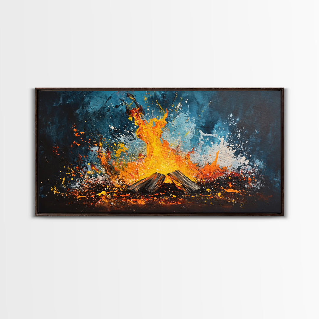 Abstract fire, moody art, geometric wall art, boho decor, flame painting, rustic wall art, extra wide art, framed canvas print, teal wall art