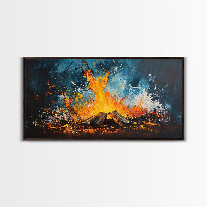 Abstract fire, moody art, geometric wall art, boho decor, flame painting, rustic wall art, extra wide art, framed canvas print, teal wall art