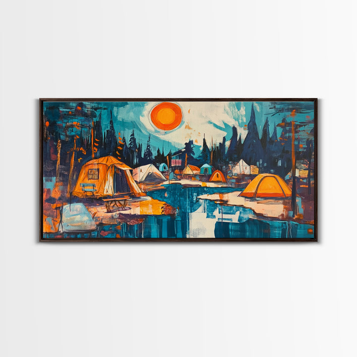 Camping painting, rustic wall art, pine tree art, mountain painting, nature lovers, warm glow, framed canvas print, wabi sabi art, moody art