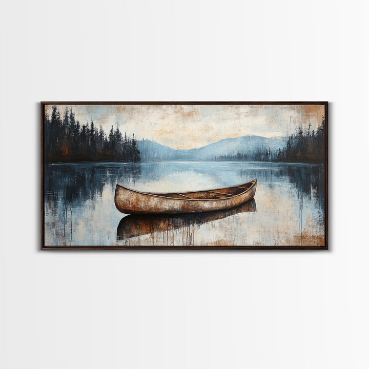 Canoe painting, lake decor, mountain painting, rustic wall art, serene landscape, farmhouse art, extra wide art, framed canvas print, nautical