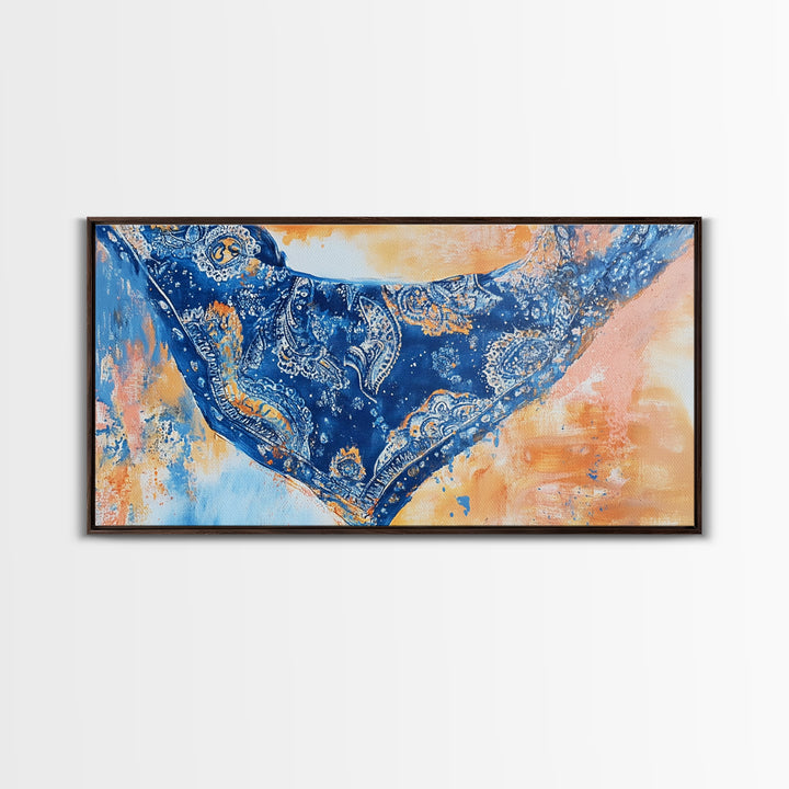 Bandana Print, Blue Wall Art, Vintage Art, Southwestern Art, Chinoiserie Wall Art, Extra Wide Art, Framed Canvas Print, Above Couch Art