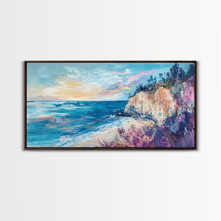 Coastal Cliffs, Sunset Ocean View, Seascape Wall Art, Coastal Landscape Art, Nautical Decor, Framed Canvas Print, Extra Wide Art