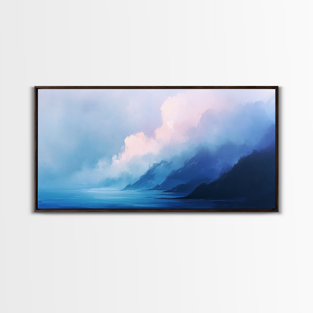 Blue Mountain Mist, Moody Landscape, Coastal Landscape Art, Minimalist Art, Extra Wide Art, Framed Canvas Print, Living Room Art