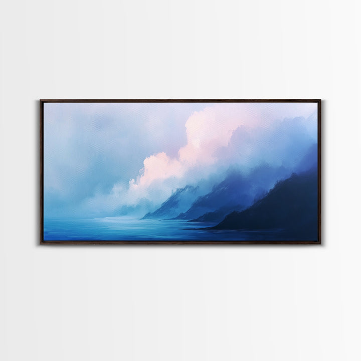 Blue Mountain Mist, Moody Landscape, Coastal Landscape Art, Minimalist Art, Extra Wide Art, Framed Canvas Print, Living Room Art