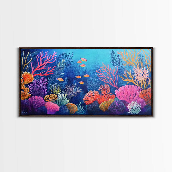 Coral Reef, ocean painting, whimsical art, koi fish painting, marine life art, vibrant wall art, coastal decor, Framed Canvas Print