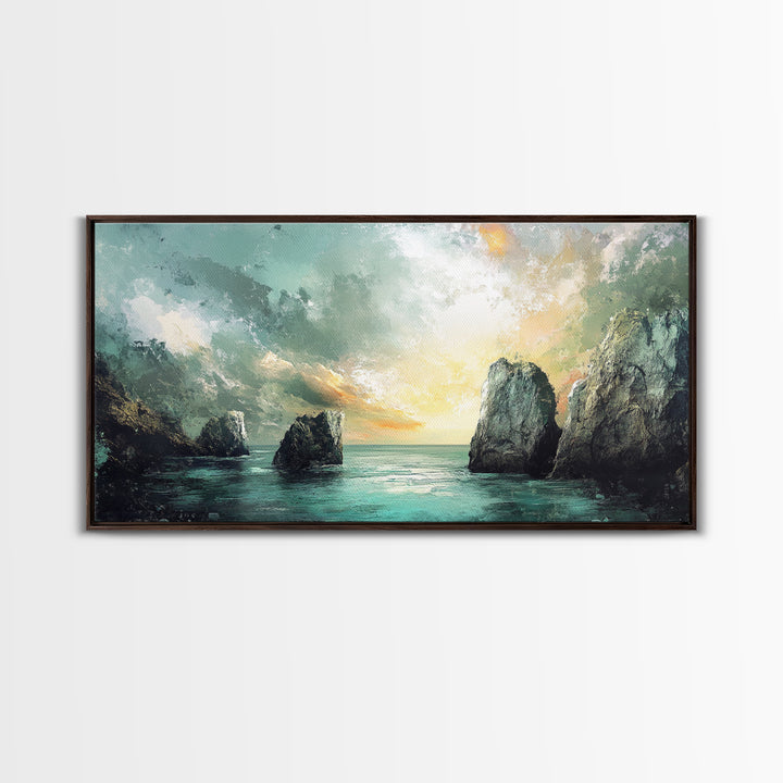 Ocean Cliffs, landscape painting, nautical wall art, moody art, wabi sabi art, extra wide art, textured art, Framed Canvas Print