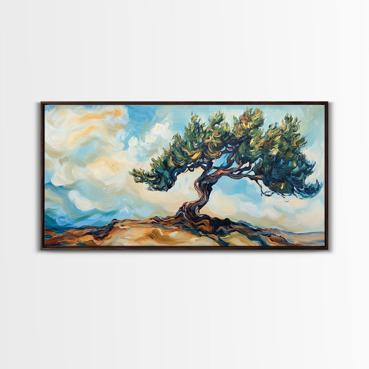 Oak Tree Art, Landscape Painting, Windy Tree Art, Wabi Sabi Art, Rustic Wall Art, Nature Wall Art, Living Room Art, Framed Canvas Print