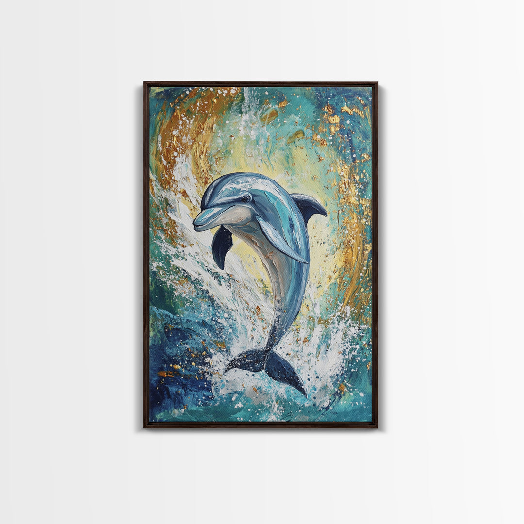 Dolphin, ocean painting, coastal wall art, nautical painting, framed canvas print, blue and green wall art, sea life decor