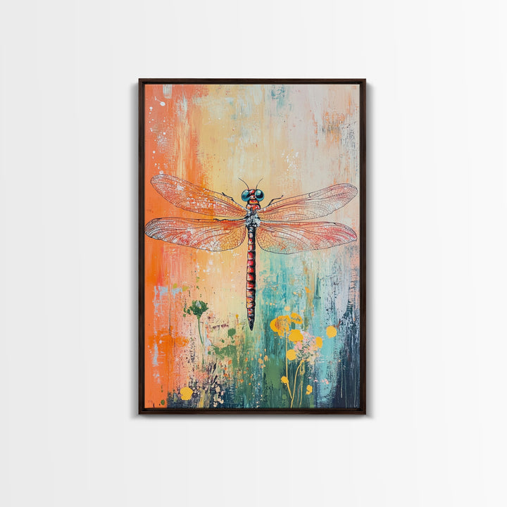 Dragonfly, botanical prints, whimsical art, light pink wall art, framed canvas print, nature art, boho decor, insect artwork