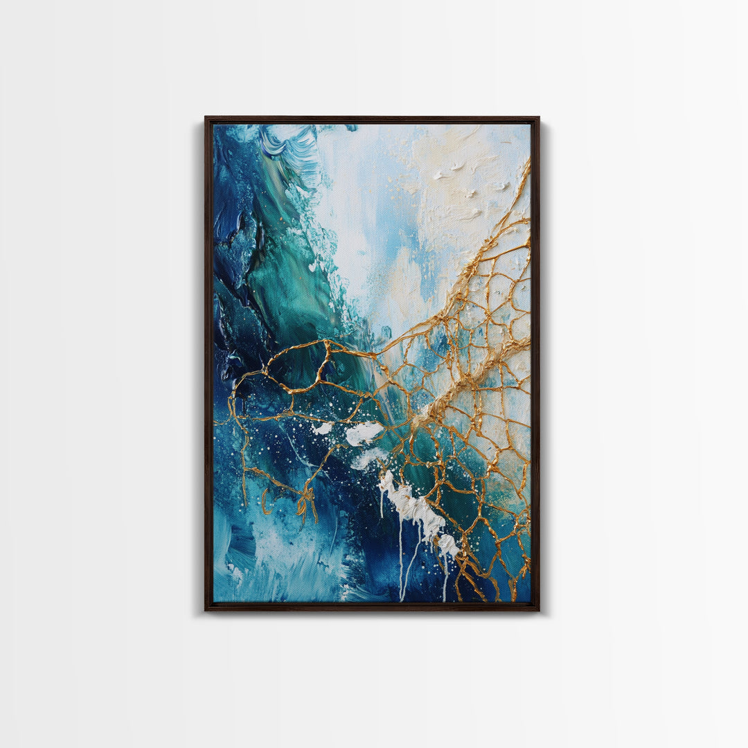 Abstract Ocean Painting, Coastal Wall Art, Blue and Gold Art, Nautical Decor, Contemporary Seascape, Canvas Print