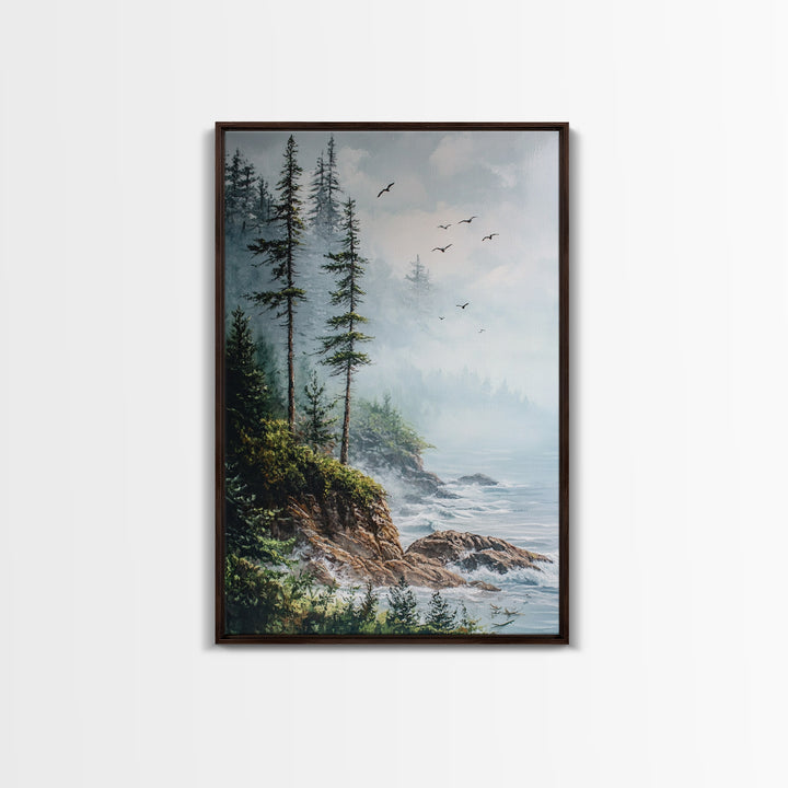 Coastal Cliff, ocean waves, pine tree art, landscape painting, coastal wall art, rustic decor, framed canvas print, nautical art