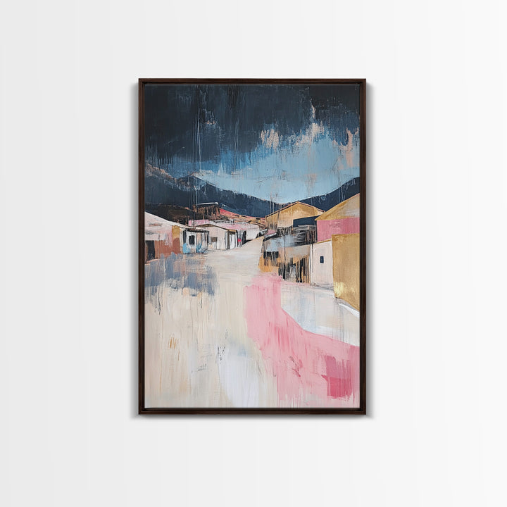 Desert Village, southwest wall art, moody art, warm tones, rustic decor, Joshua tree art, framed canvas print, abstract landscape