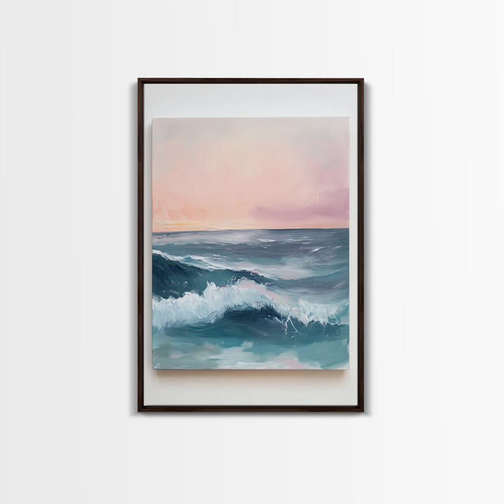 Ocean Sunset Waves, coastal decor, nautical painting, pink orange wall art, coastal landscape art, Canvas Print