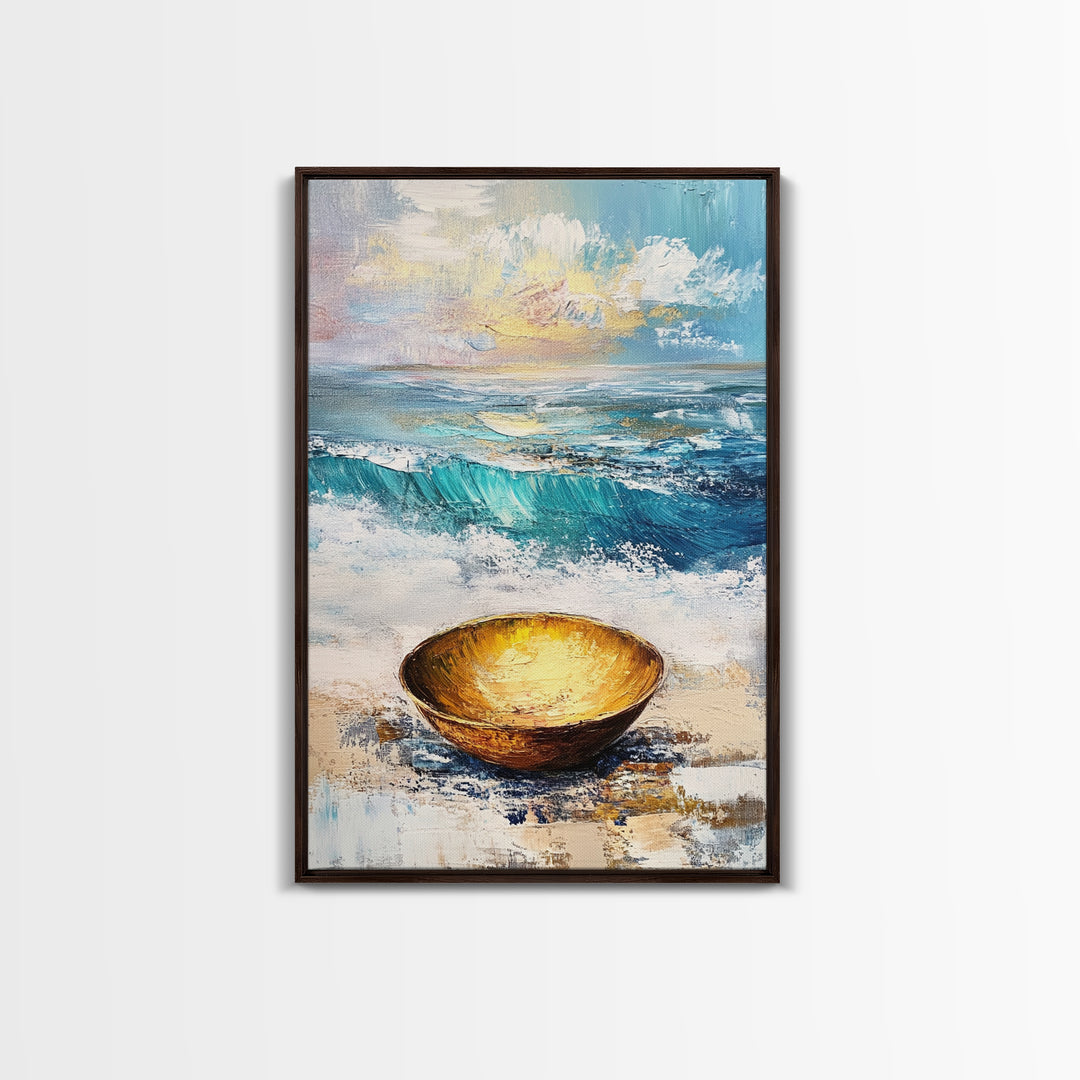 Ocean and Golden Bowl, coastal decor, nautical wall art, rustic wall art, abstract painting, seascape painting, Canvas Print