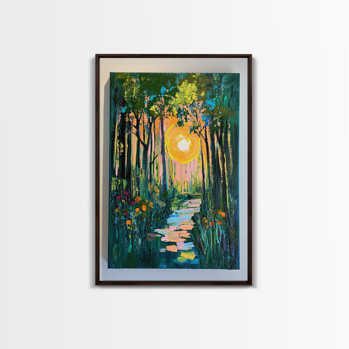 Forest Sunrise Path, wildflower painting, forest at dusk painting, wabi sabi wall art, whimsical art, Canvas Print