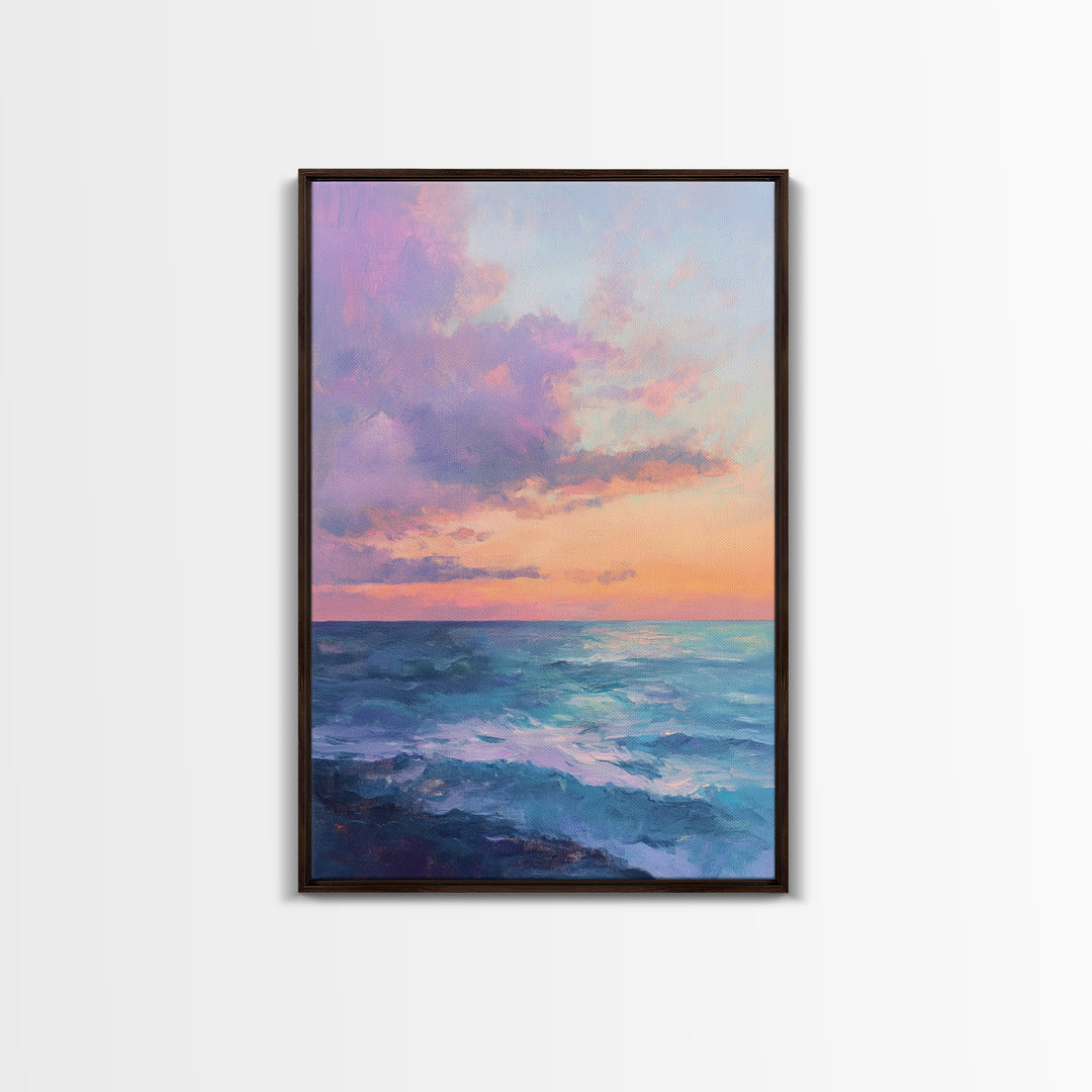 Ocean Sunset View, coastal landscape art, pink orange wall art, seascape painting, framed canvas print, bedroom art, nautical decor