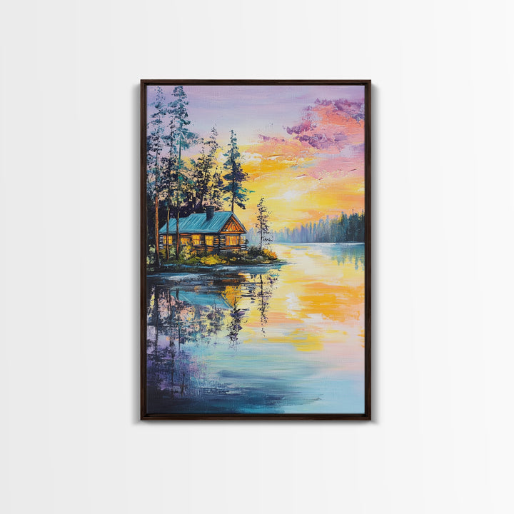 Cabin, Lake, Sunset, Framed Canvas Print, landscape painting, rustic wall art, above bed wall art, pine tree art, above sofa art