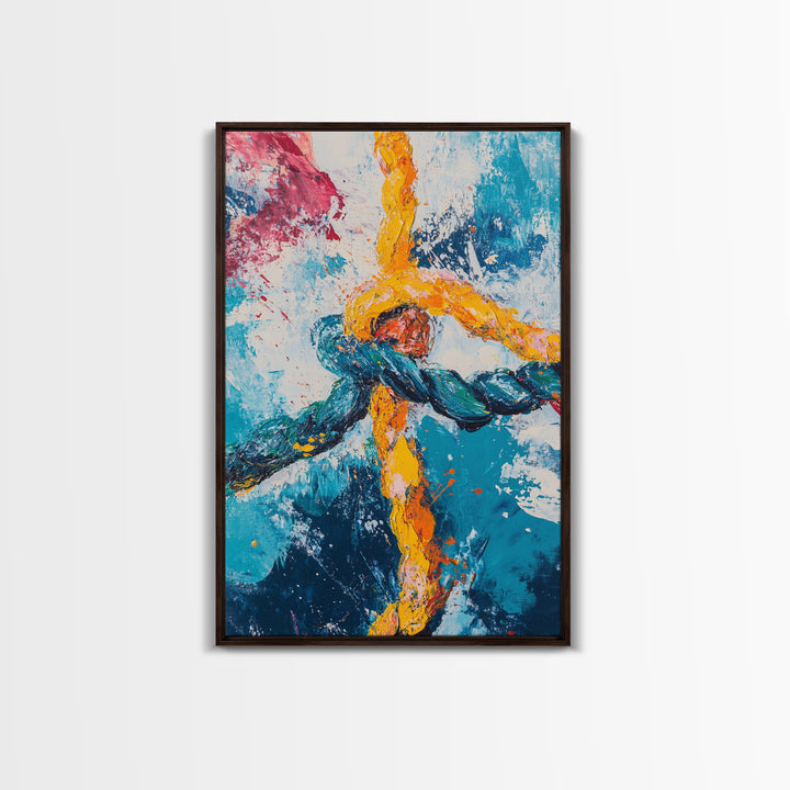 Rope, Knot, Abstract, Framed Canvas Print, nautical decor, coastal wall art, blue and green wall art, moody art, geometric wall art