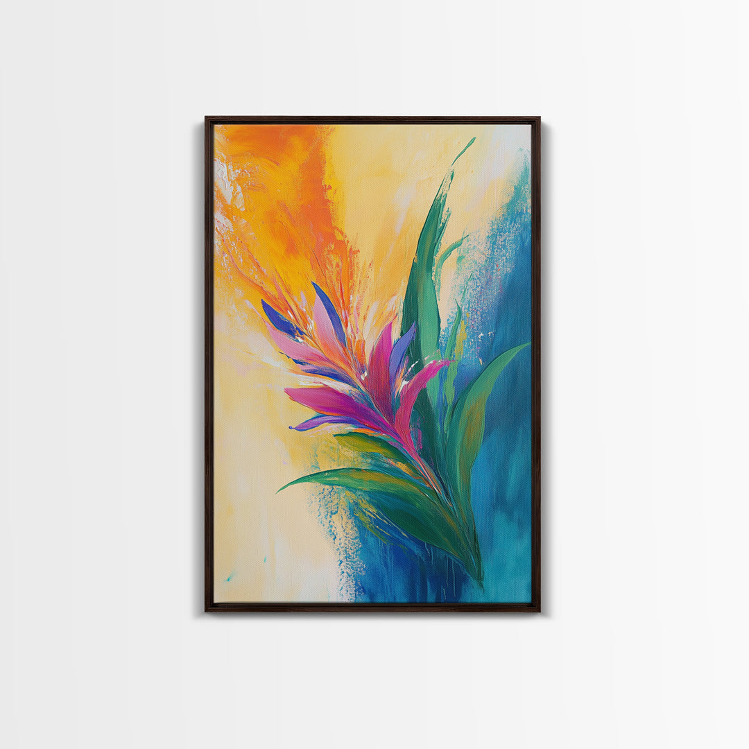 Bird of Paradise, Floral, Vibrant, Framed Canvas Print, botanical prints, tropical art, wildflower painting, boho art, pink orange wall art