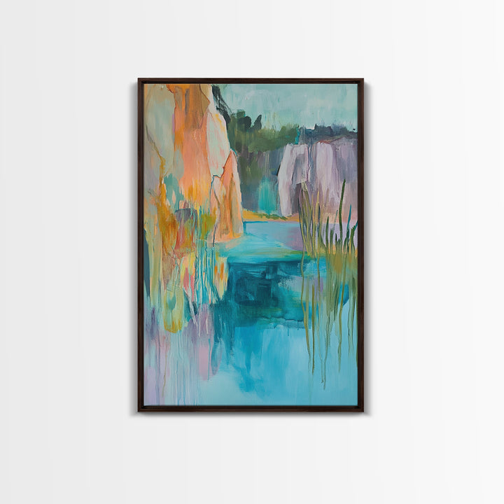 Abstract Landscape, blue and green wall art, horizon painting gray white, rustic art, gift idea for her, Framed Canvas Print